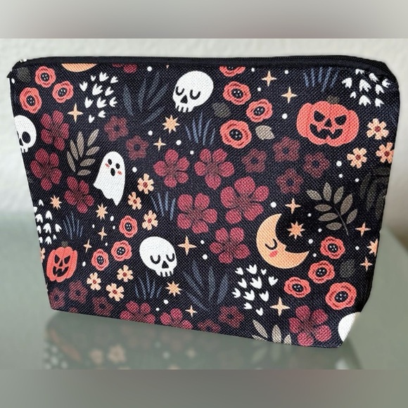 Cute Halloween Floral Night Zipper Makeup Cosmetics Toiletries Travel Bag New - Picture 1 of 3